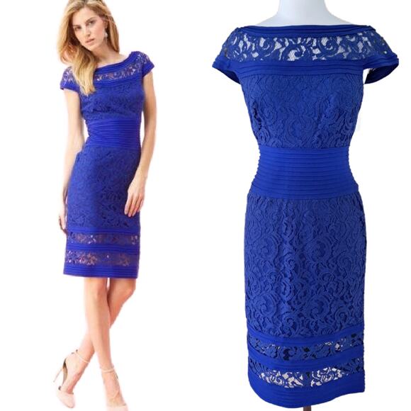 TADASHI SHOJI Blue Lace & Pintuck Bateau Neckline Sheath Dress Sz 10 Cocktail - Picture 1 of 11